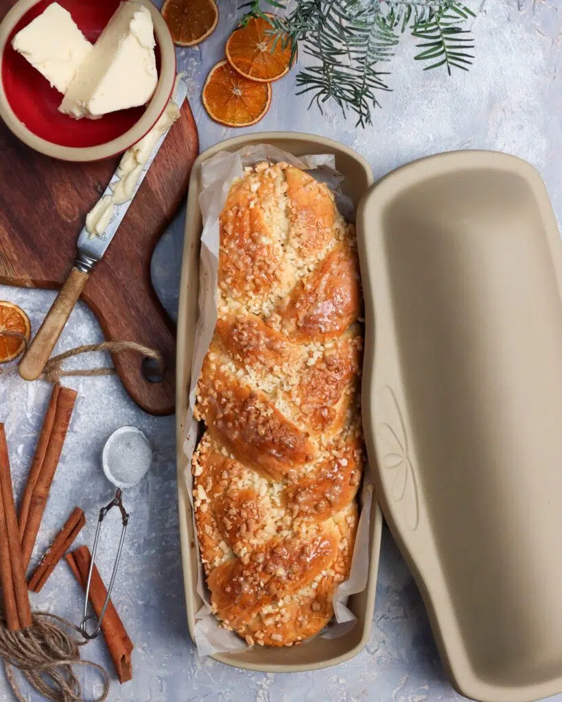 Long Covered Bread Pan with Braided Bread and Decorations