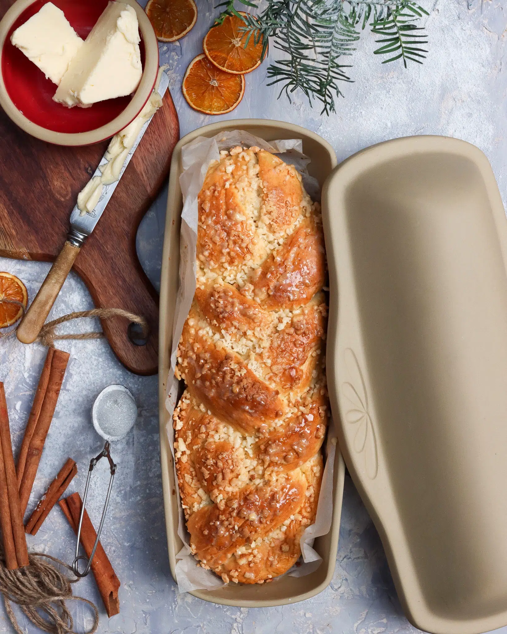Long Covered Bread Pan with Braided Bread and Decorations