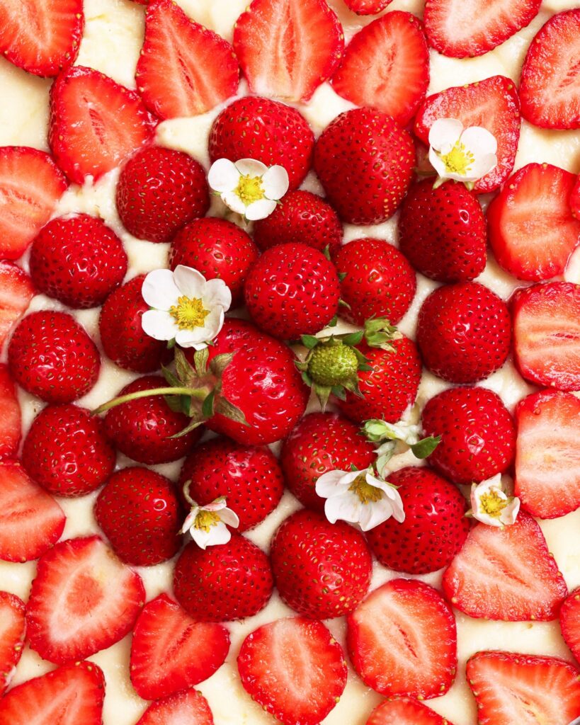 Shortbread and Tea Fall Fresh strawberries on cheesecake.