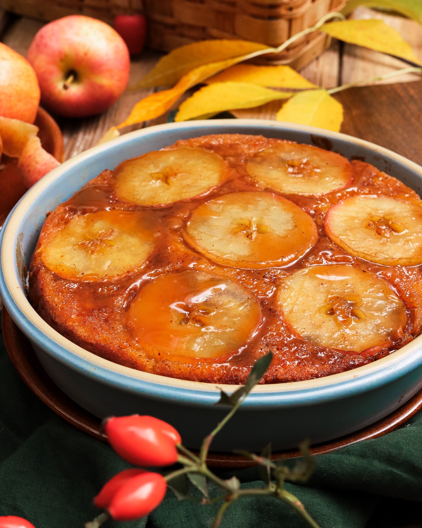 Fall Brookline Stoneware with upside down cake cinnamon and apples.