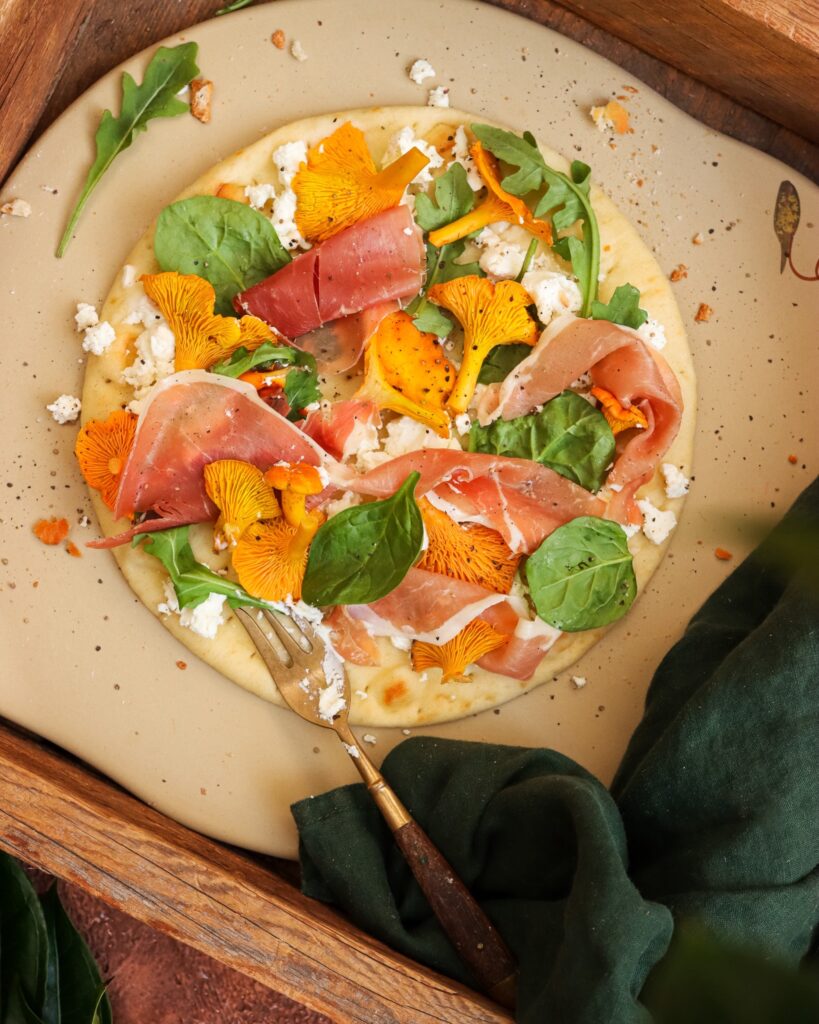 Shortbread and Tea Fall 2 Stoneware pizza stone with flatbread pizza.