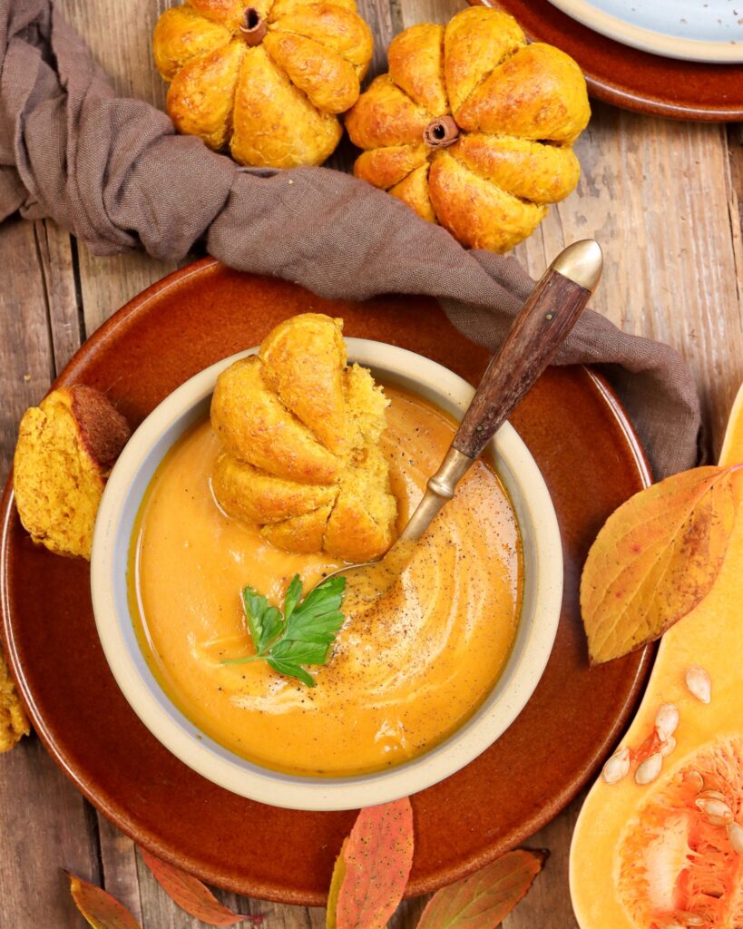 Pumpkin bread and soup in Brookline and Coupe stoneware with squash.