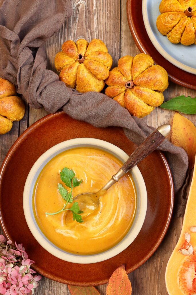 Pumpkin bread and soup in Brookline and Coupe stoneware with squash.