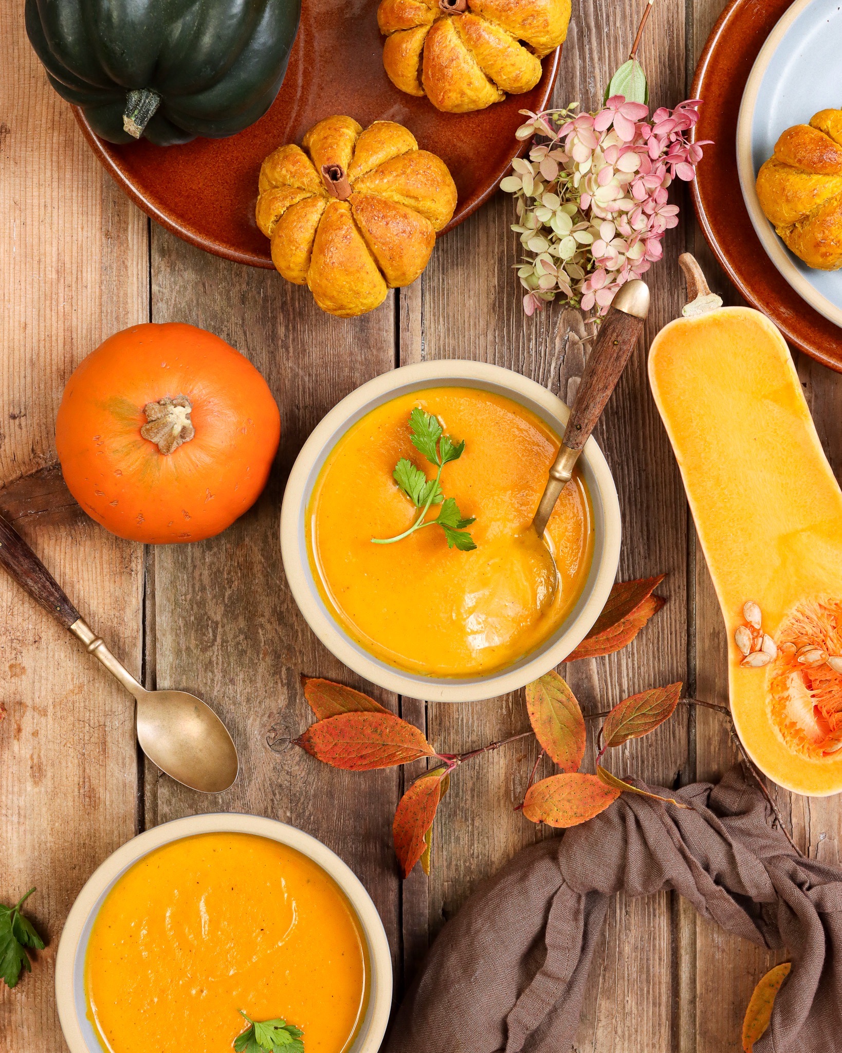 Pumpkin bread and soup in Brookline and Coupe stoneware with squash.