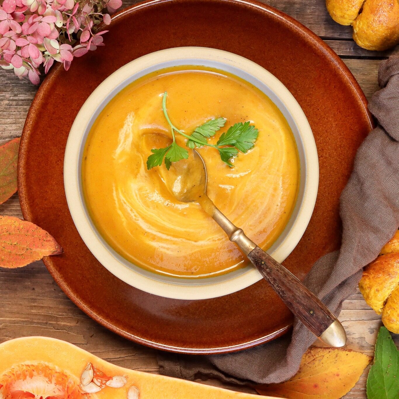 Shortbread and Tea Fall Pumpkin bread and soup in Brookline and Coupe stoneware with squash.