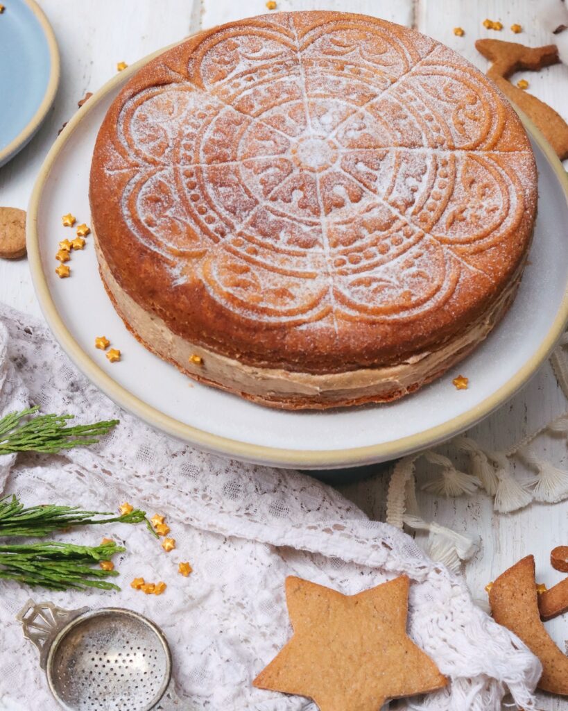 Gingerbread Shortbread Cake sitting on Brookline Dinner Plate.