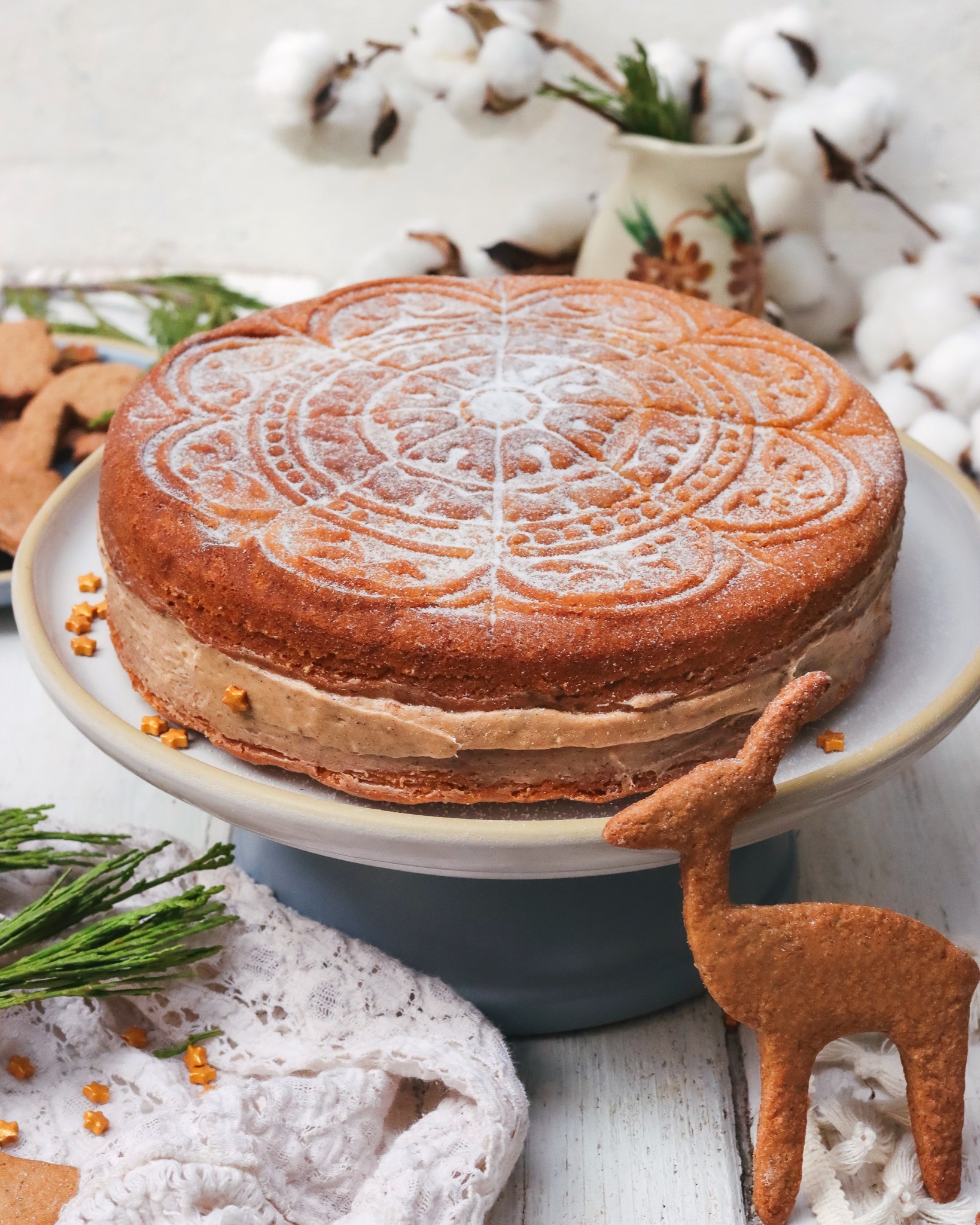 Gingerbread Shortbread Cake sitting on Brookline Dinner Plate.