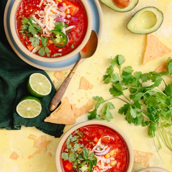Mexican soup in a Brookline Cereal Bowl with fresh garnishments.