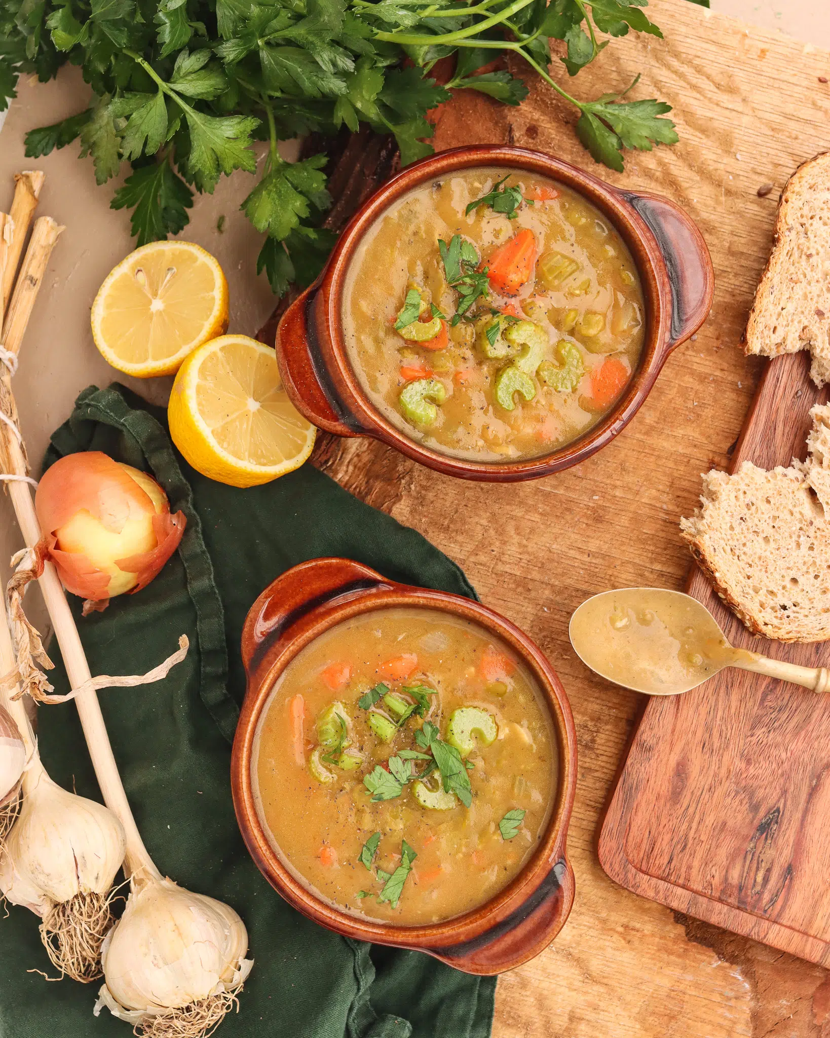 Soup bowls with soup and bread